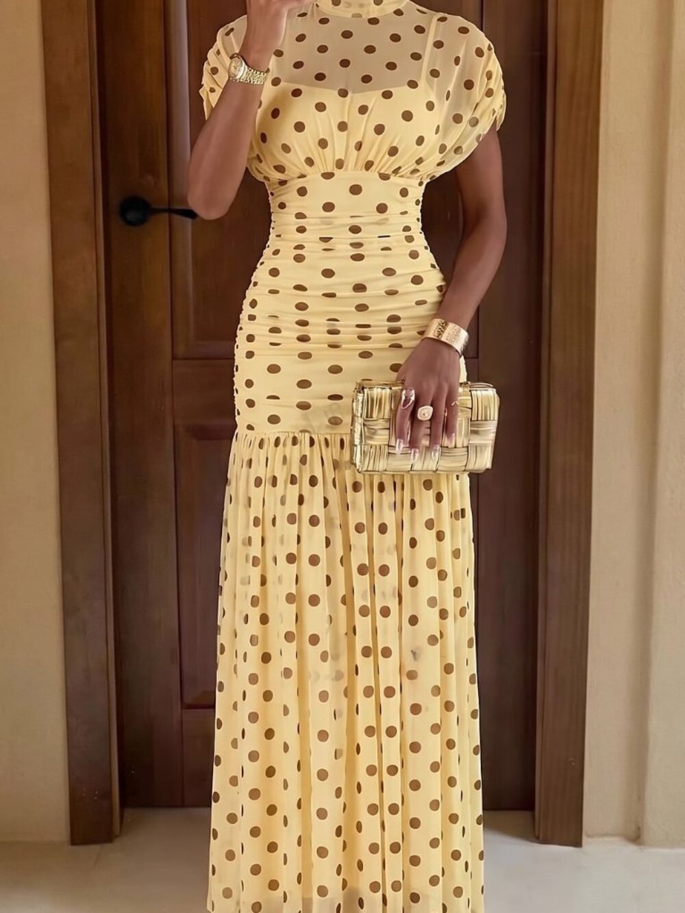 Light Yellow Elegant Women's Polka Dot Bodycon Stand Collar Fitted Maxi Dress